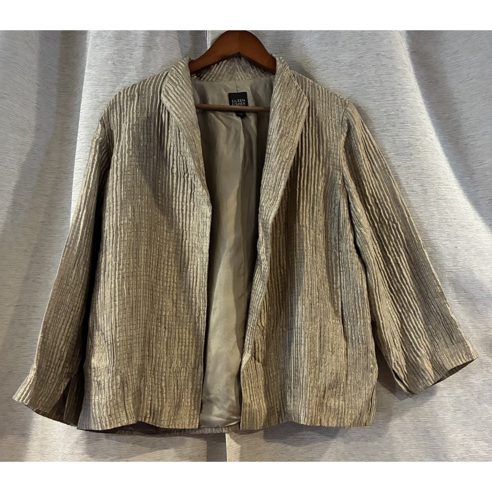 Eileen Fisher Silk Ripple Bindu Jacket Open Front Beige Quiet Luxury Womens M
